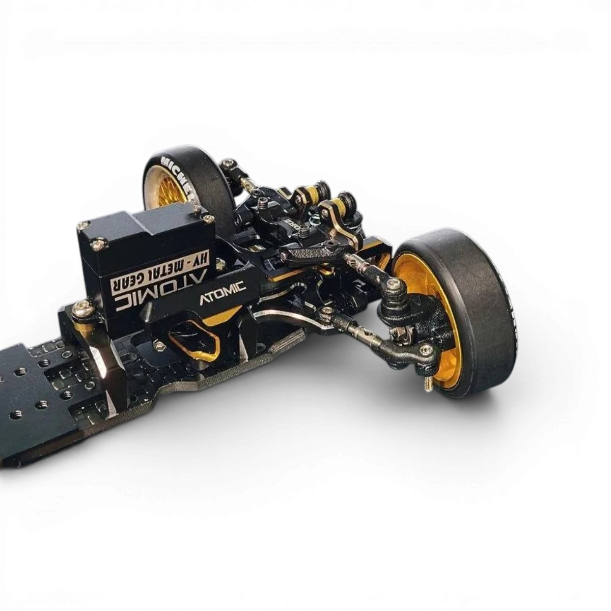 Kit châssis drift RC DRZV3MS RWD de Atomic RC Mini, vue détaillée du châssis pour voitures radiocommandées.