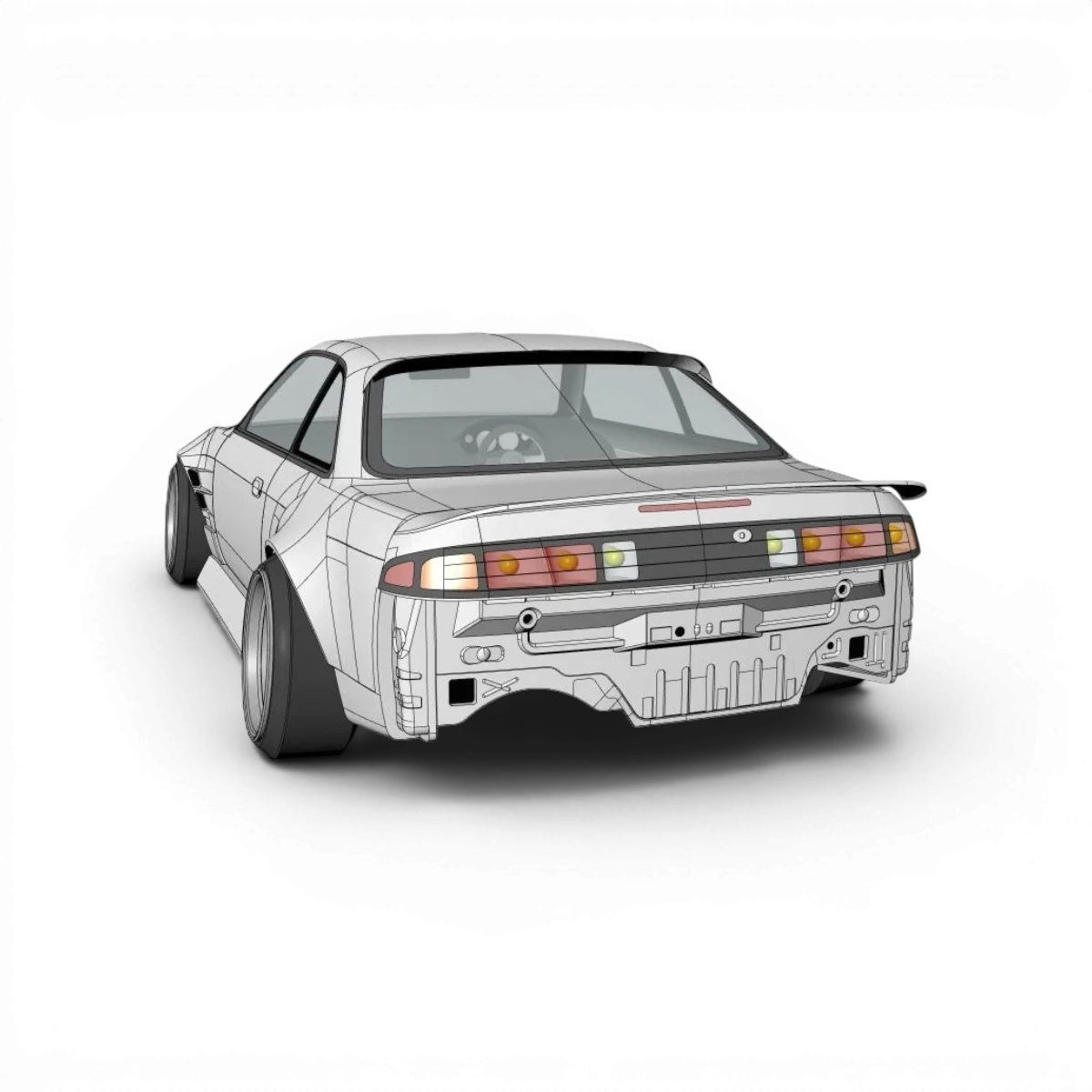 Ensemble d’intérieur pour Nissan S14, customization par Addiction RC Design, éléments de tableau de bord et sièges en détail.