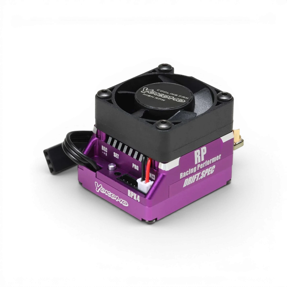 Contrôleur électronique brushless de compétition RPX4 de Team Yokomo, vue en gros plan, avec connecteurs et réglages visibles.