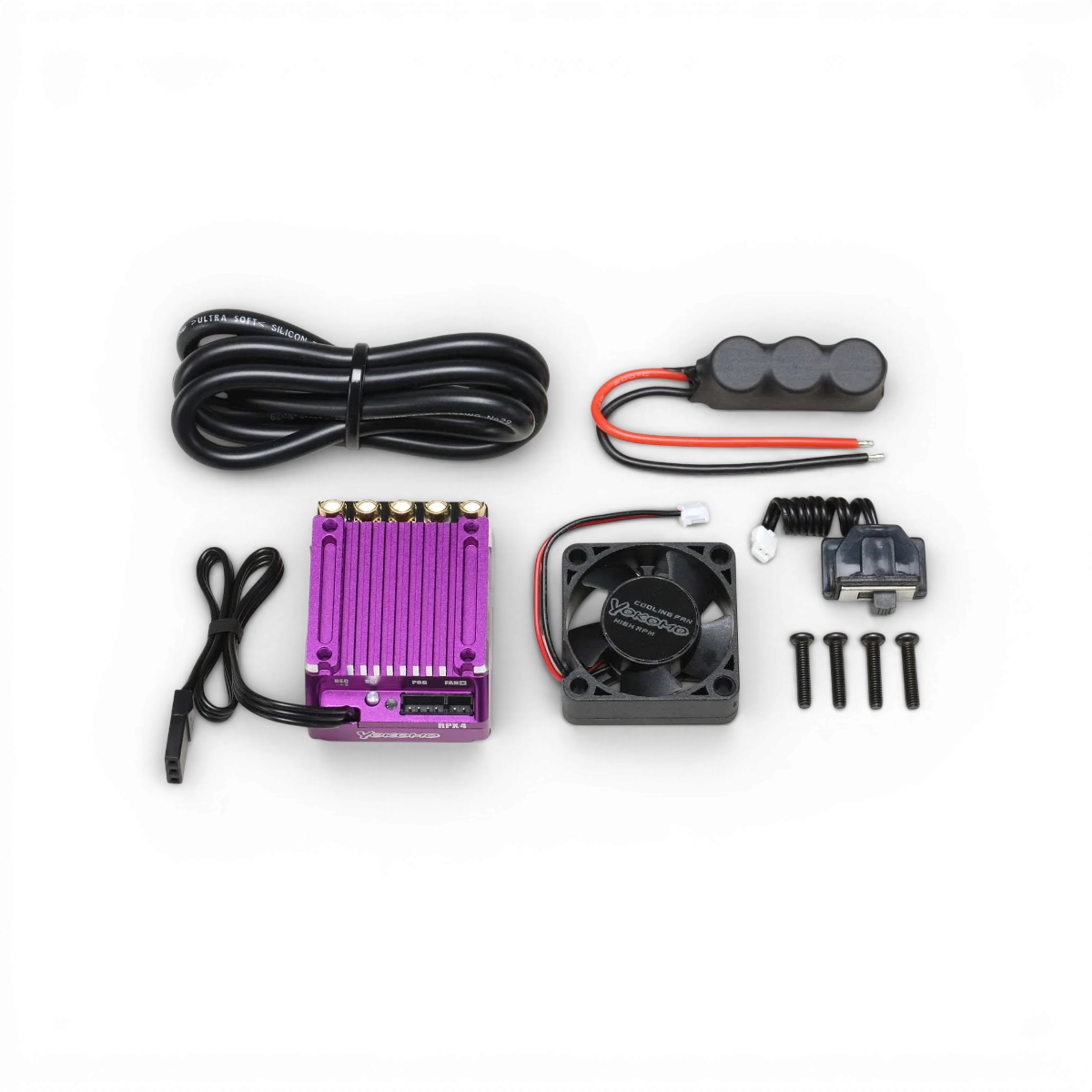 Contrôleur ESC brushless compétition RPX4 de Team Yokomo, électronique pour voitures RC, avec câbles et connecteurs visibles.