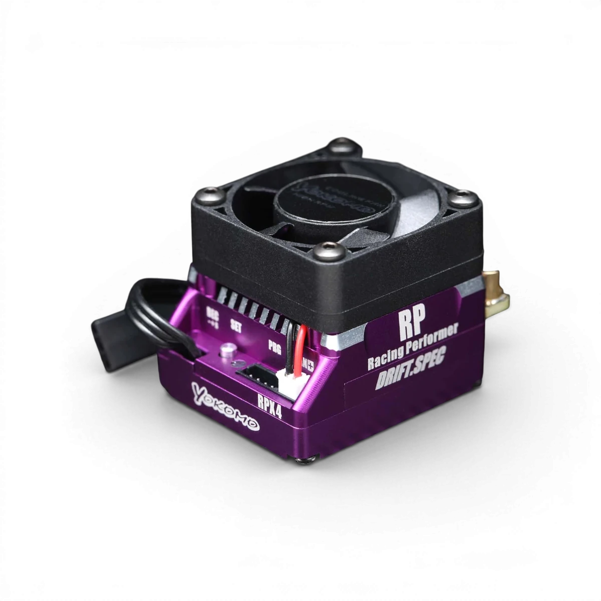 Contrôleur brushless de compétition RPX4 de Team Yokomo, électronique pour voitures RC, avec connecteurs et réglages avancés.