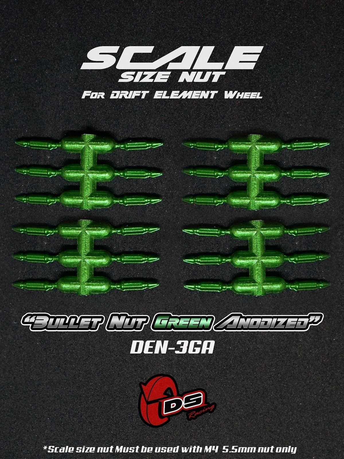 Goujons faux "Bullet" vert anodisé pour jantes, roues DS Racing, finition colorée et design élégant.