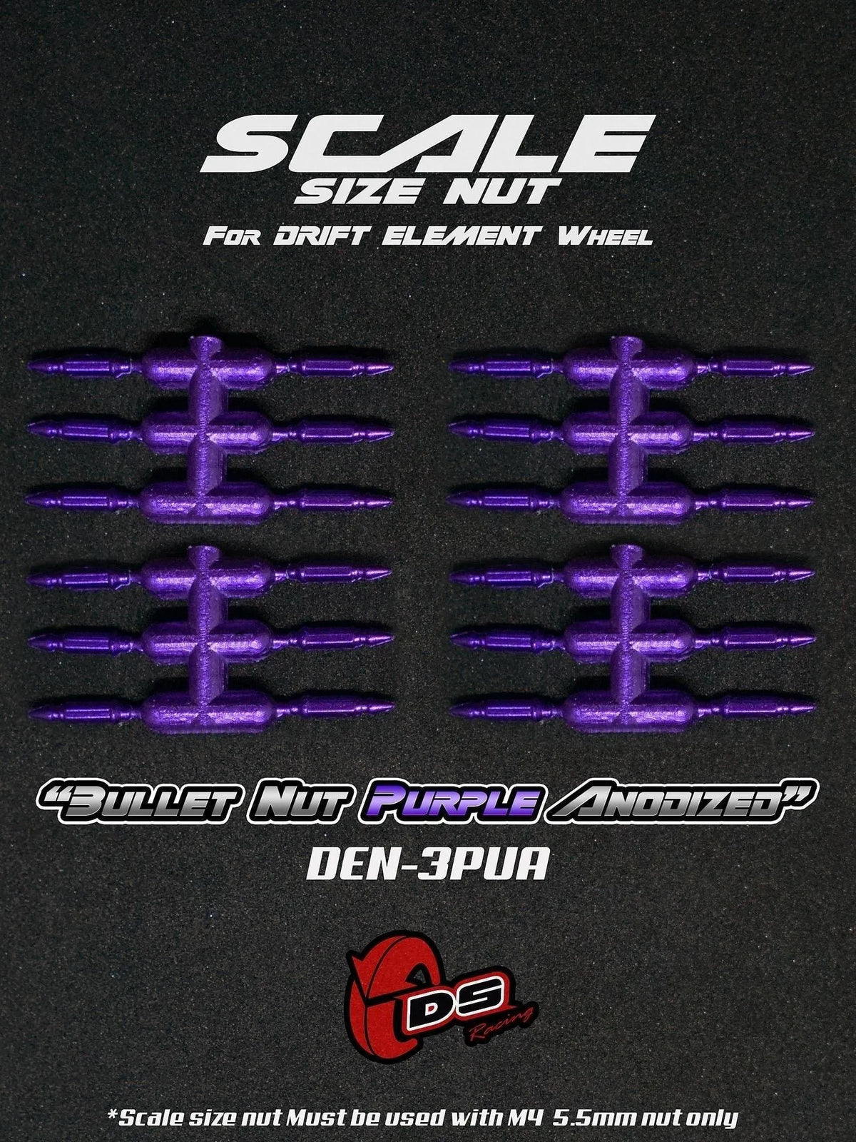 Faux goujons "Bullet" violet anodisé pour jantes, roues DS Racing, détail des accessoires de fixation pour jantes en aluminium.