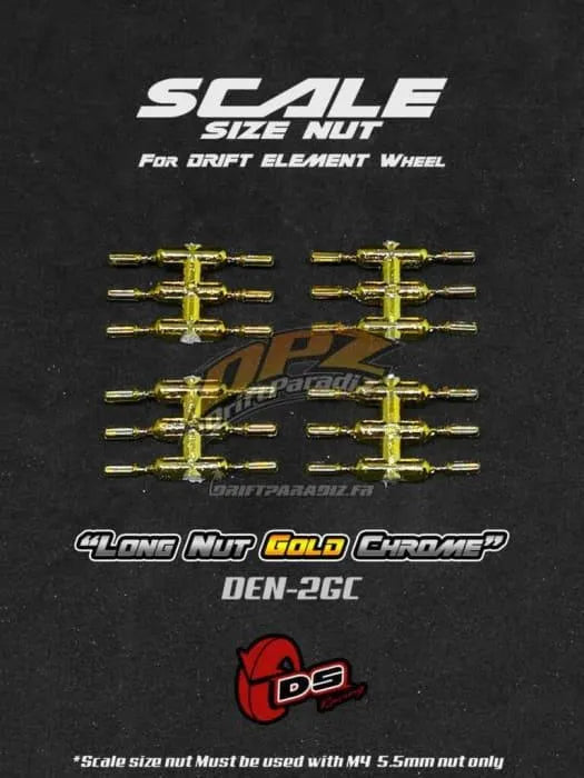 Goujons factices longs en chrome pour jantes de roues DS Racing, style élégant et finition brillante.