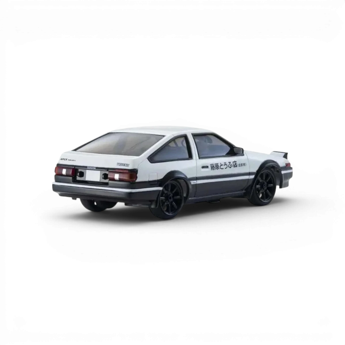 Carrosserie pour Mini-Z 1:28 Kyosho, modèle Initial D Sprinter Trueno AE86 en noir et blanc avec détails en carbone.