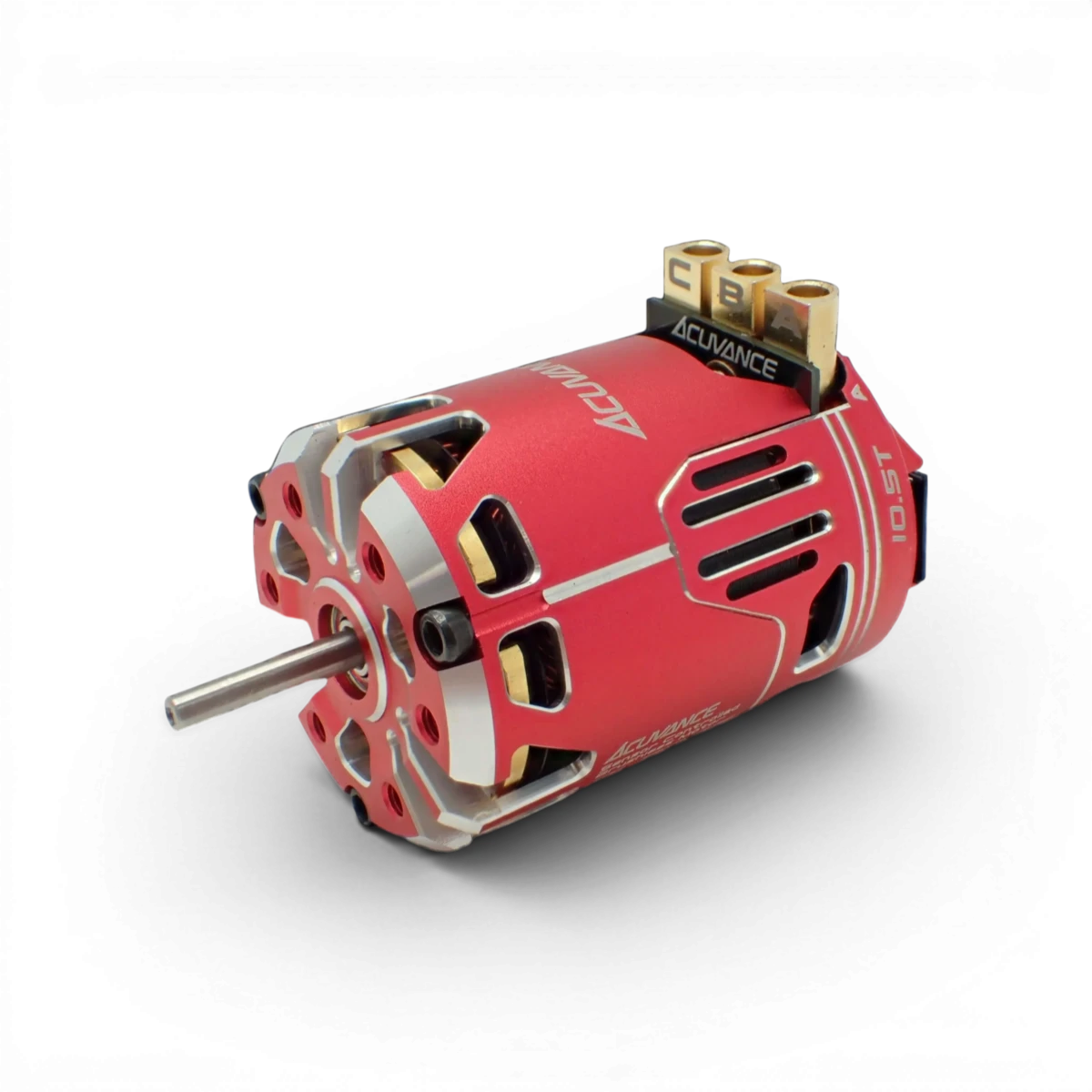 Moteur brushless Fledge 10.5T rouge sans ventilateur de la marque Acuvance, composant électronique pour drone ou modèle réduit.