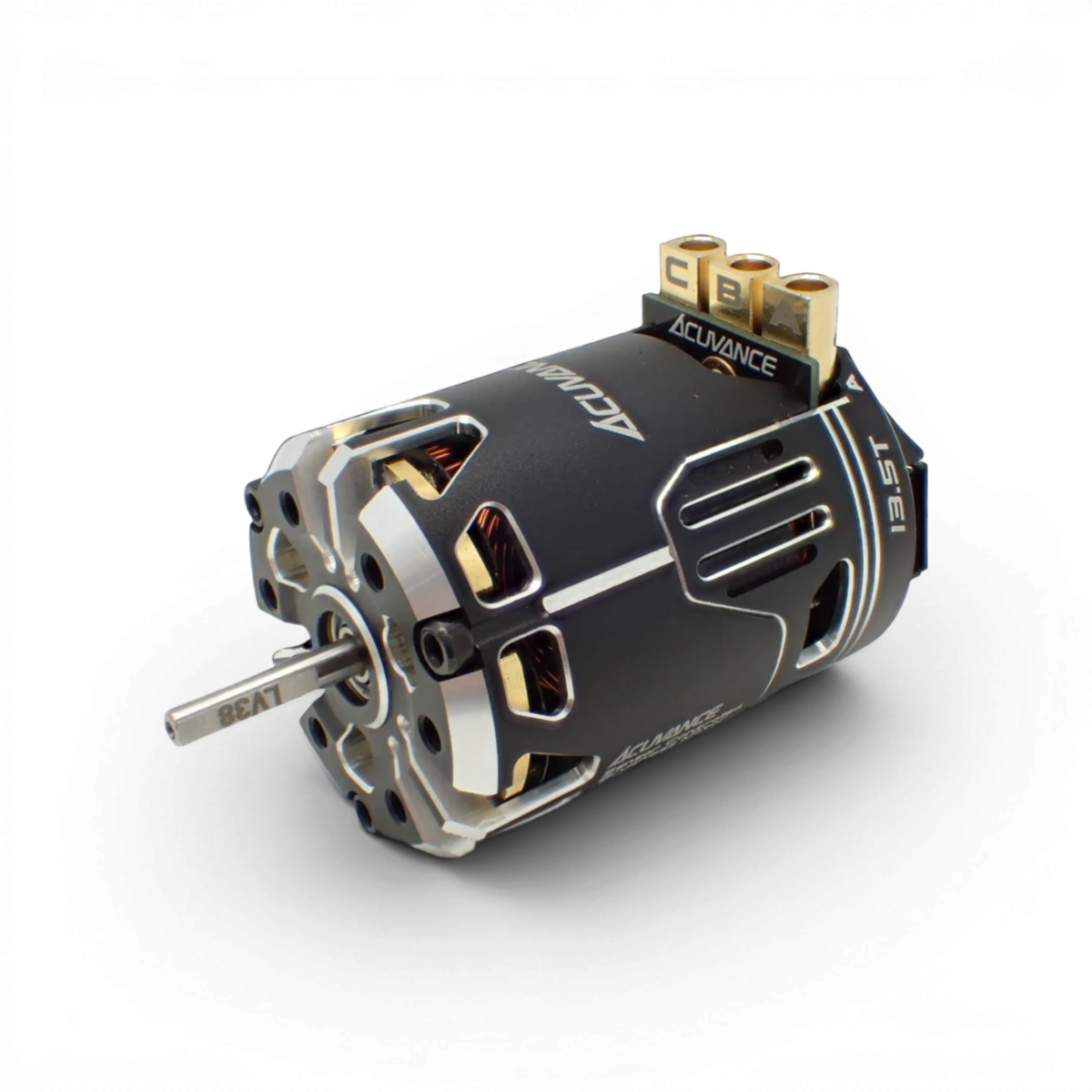 Moteur brushless Fledge 13.5T électronique de la marque Acuvance, vue de face avec câbles connectés et composants visibles.