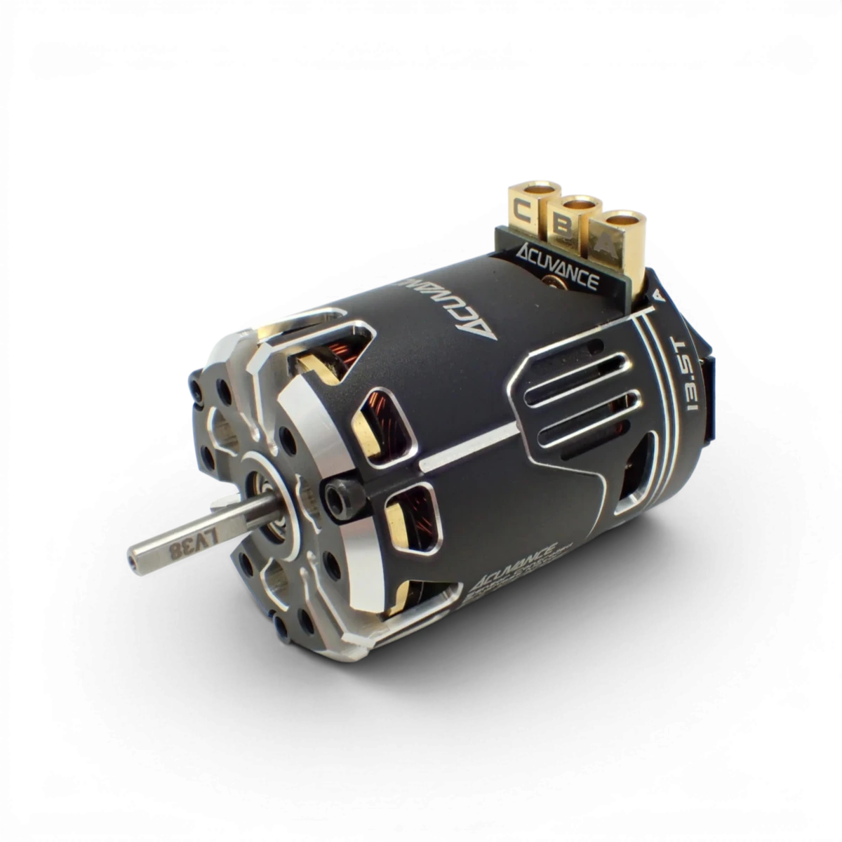 Moteur brushless Fledge 13,5T de la marque Acuvance pour électronique, visible avec ses composants électriques.