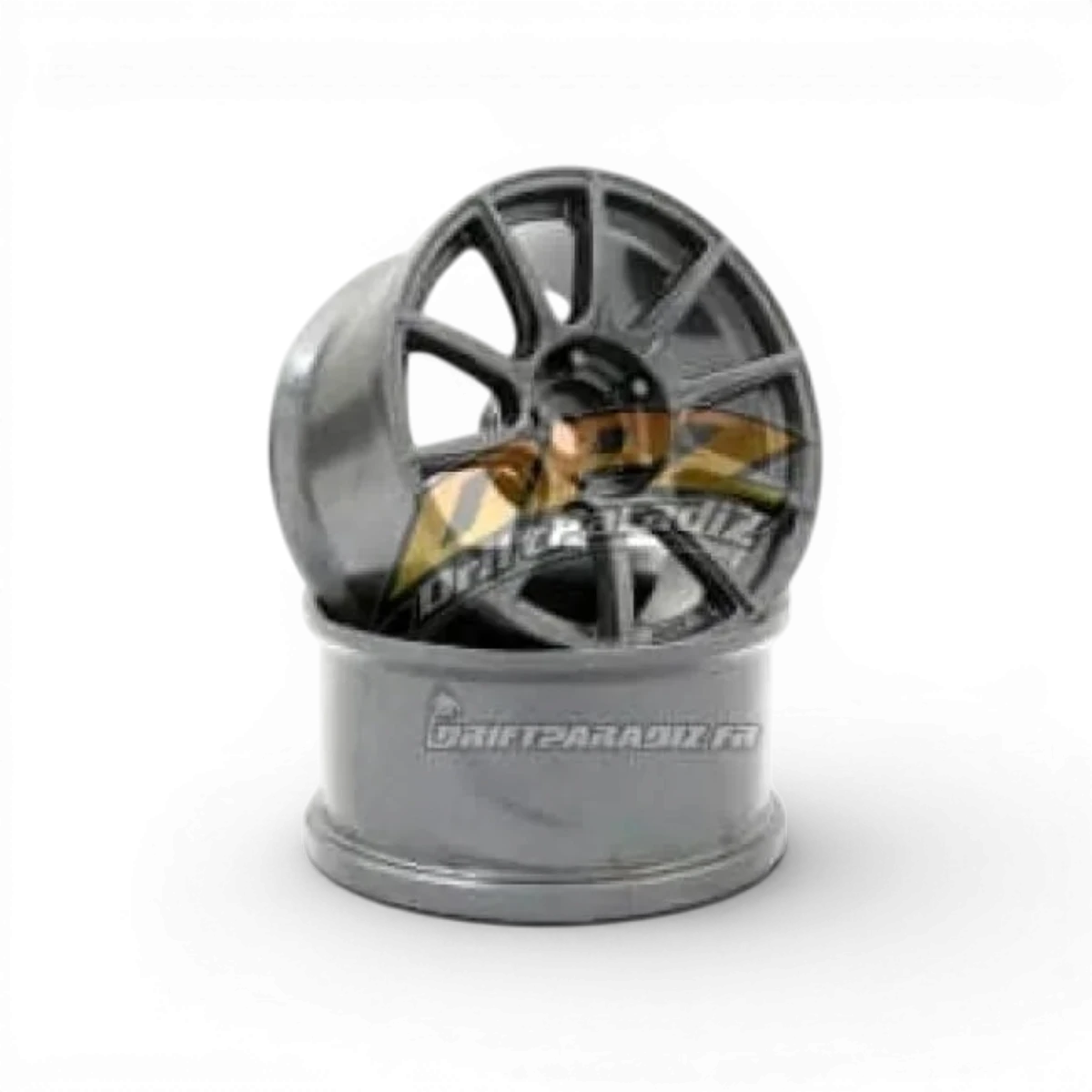 Roues RC Art GT F01Dark Silver Offset 4, finition argent foncé, vue de face avec détails de la jante en gros plan