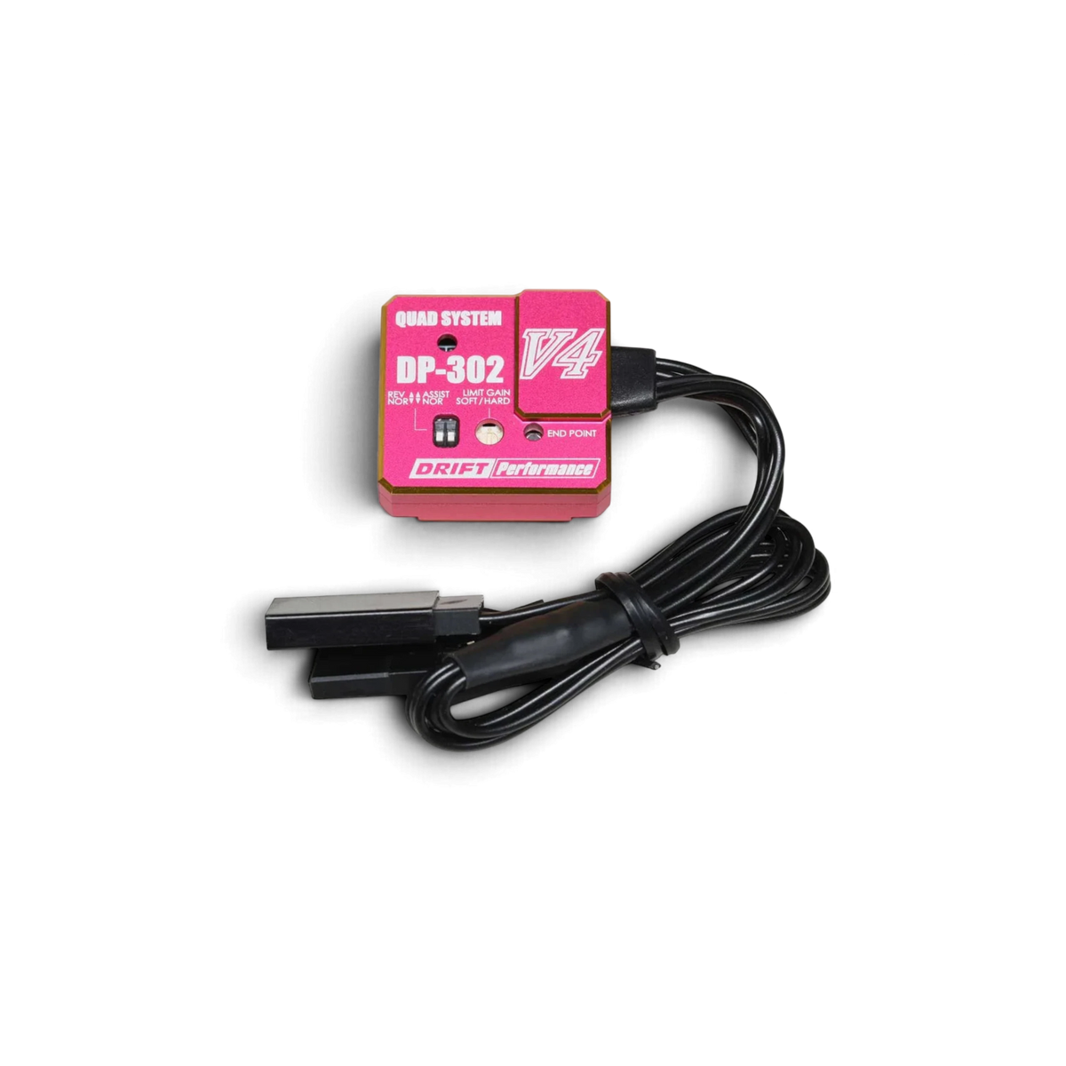 Gyro V4 2ch/3ch rose de la marque Team Yokomo, électronique pour voitures RC, montrant le gyroscope avec boutons et connecteurs.