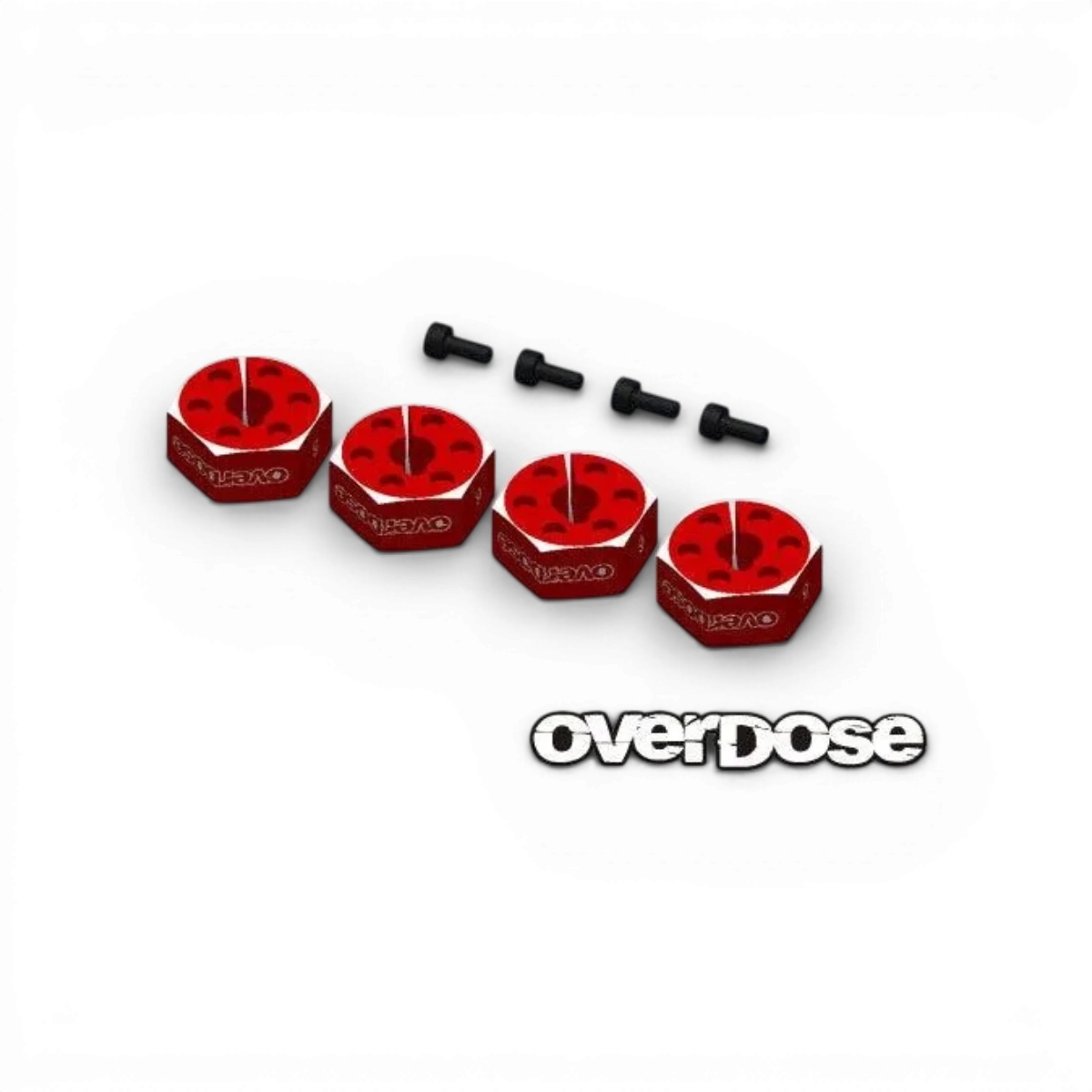 Quatre hexagones en aluminium de 6 mm pour pièces détachées, de la marque Overdose, visibles en image.
