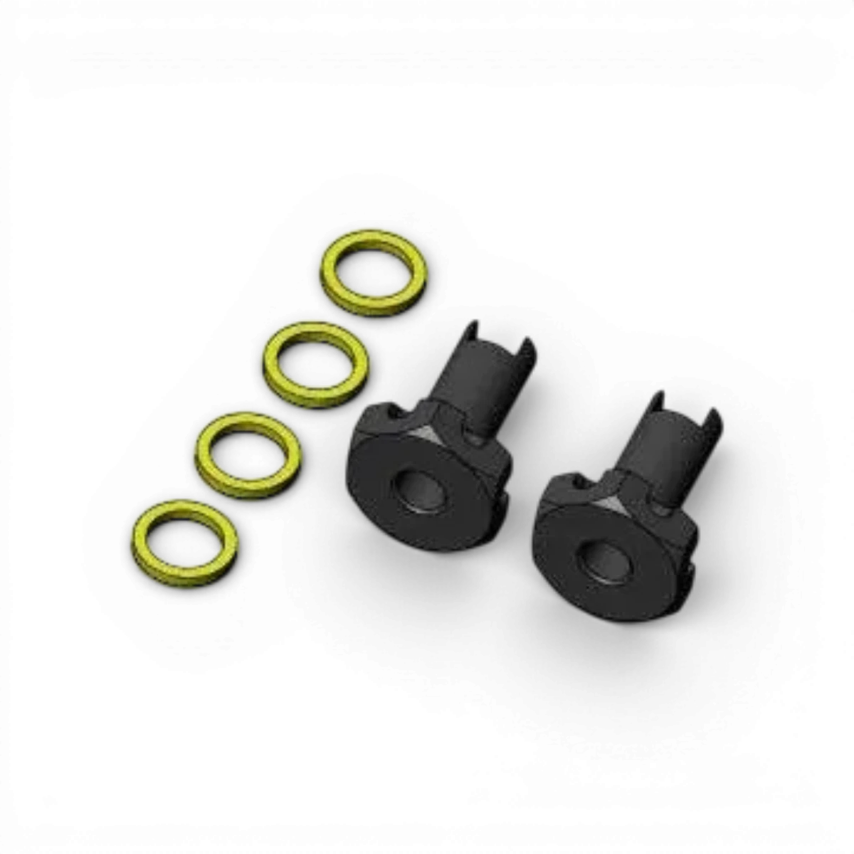 Hexagones axes avant +2mm D5 pour pièces détachées 3 Racing Sakura, visuels montrant les hexagones en métal.