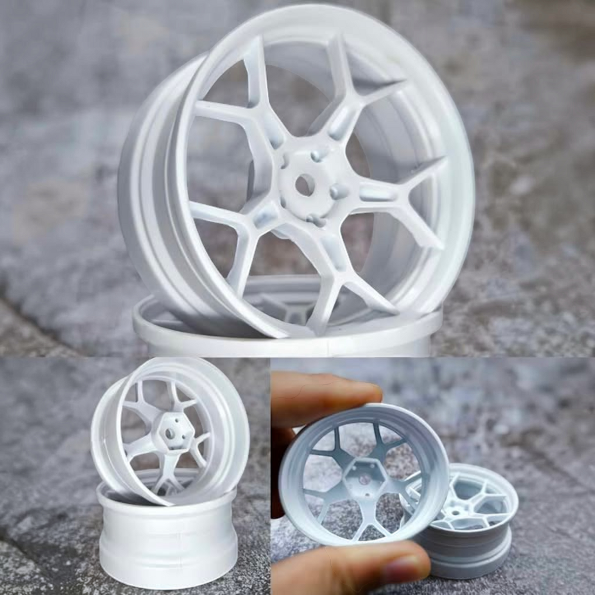 Jantes drift Feathery DS Racing blanches, 2 pièces, super douces, avec +8mm pour voitures RC, visibles en gros plan.