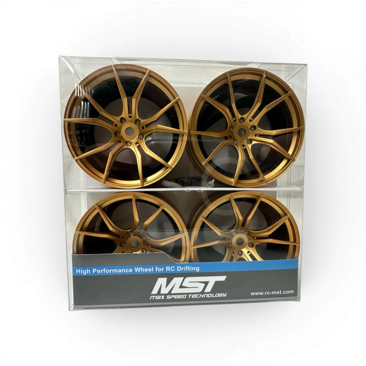 Jantes FX+5 Or de Max Speed Technology, roues en alliage avec finition or brillant, visibles en gros plan.