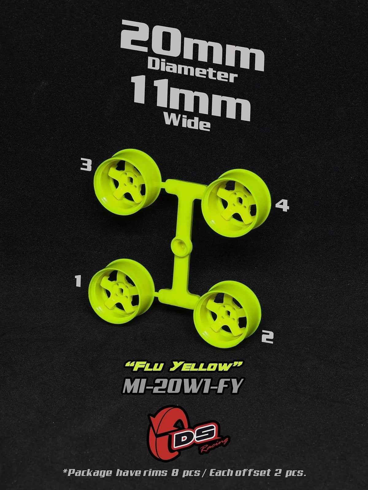 Jantes jaunes fluo Mini Z W de 20mm et 11mm, roues DS Racing, design vibrant pour voitures radiocommandées.