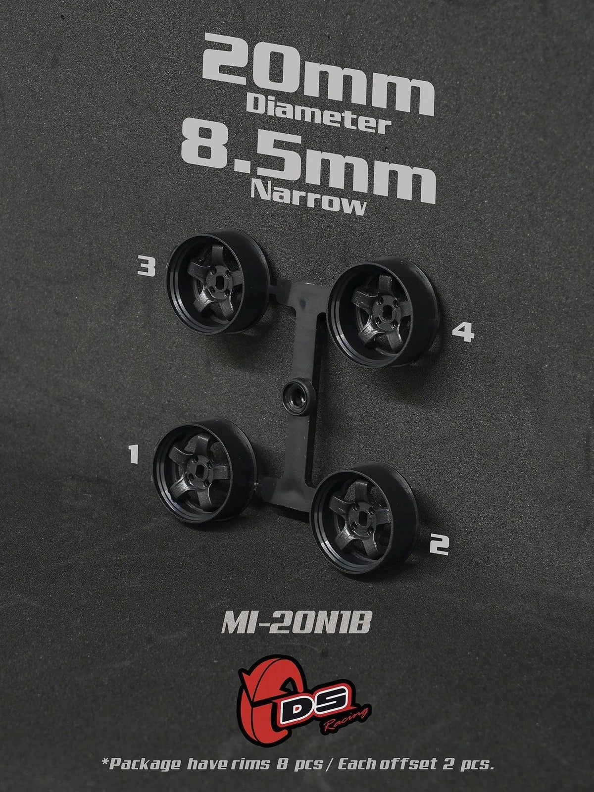 Jantes noires Mini Z N de 20mm et 8,5mm de DS Racing, roues pour voiture miniature, détail visible sur la jante.