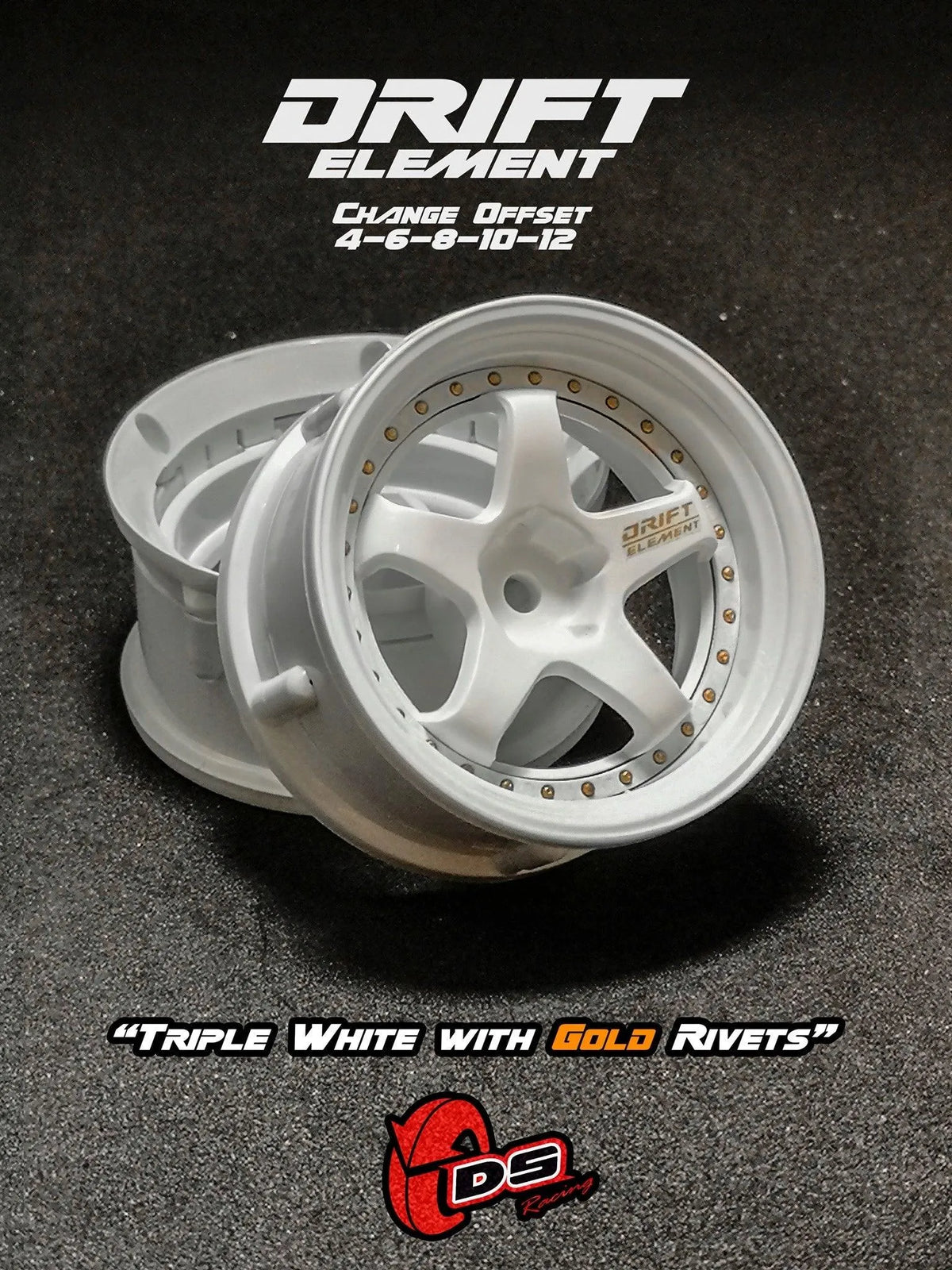 Jantes réglables Drift Element blanches avec visserie or, roues de haute performance pour véhicules RC DS Racing.