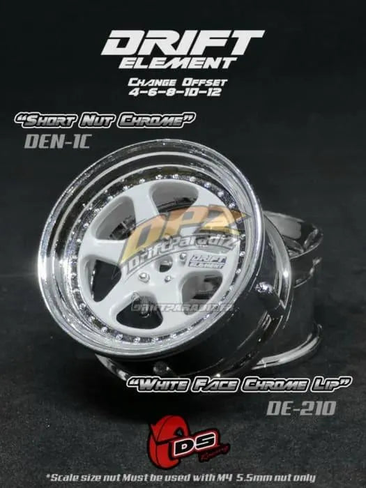 Jantes réglables Drift Element II blanches et chromées avec visserie chromée, pour voitures radiocommandées DS Racing.
