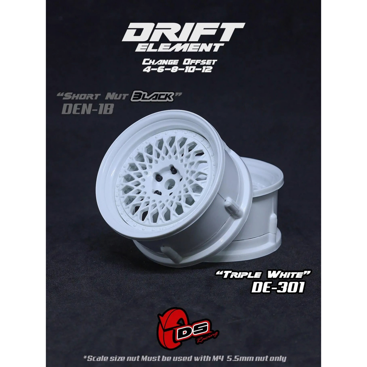 Jantes réglables Drift Element Mesh blanches de DS Racing pour voitures de drift, en acier léger avec design ventilé.