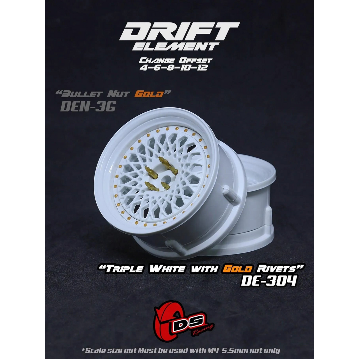 Jantes réglables Drift Element Mesh blanches avec rivets dorés, roues de course DS Racing pour voitures radiocommandées.
