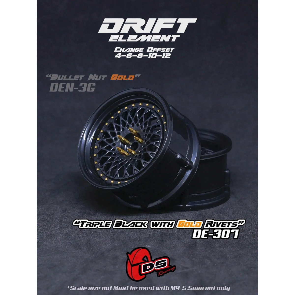 Jantes réglables Drift Element Mesh noires avec rivets dorés, conçues pour voitures de drift, par DS Racing.