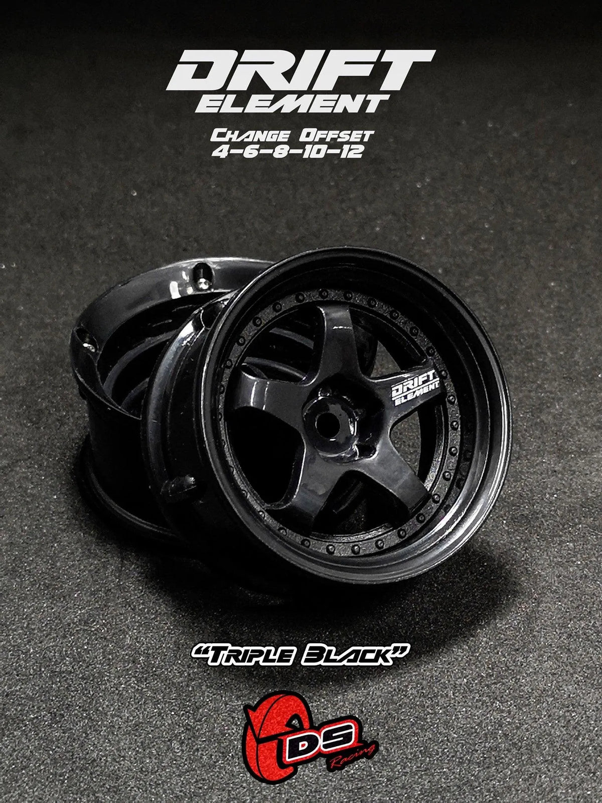 Jantes réglables Drift Element noires avec visserie noire, roues de haute performance de la marque DS Racing.