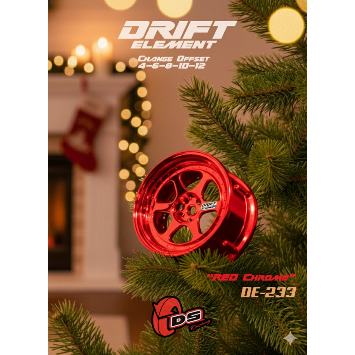 Jantes réglables DS Racing Drift Elements Chrome Rouge, roues en alliage avec finition chromée et rouge, visibles en gros plan.