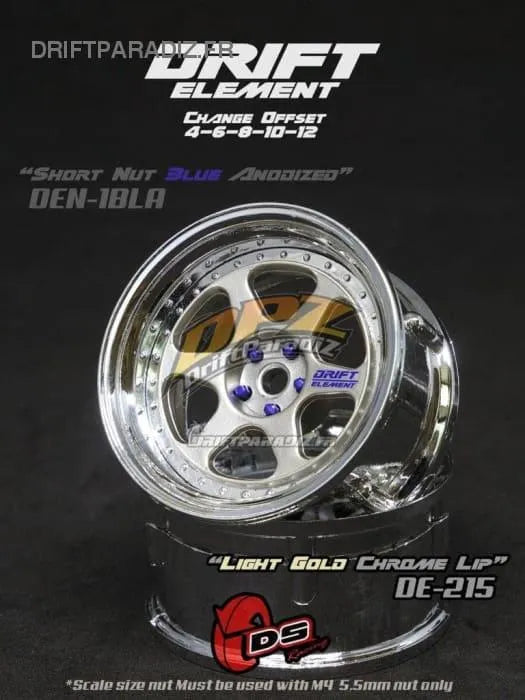 Jantes réglables DS Racing Drift Elements en chrome léger avec rivets chromés, affichant un design sportif et résistant.