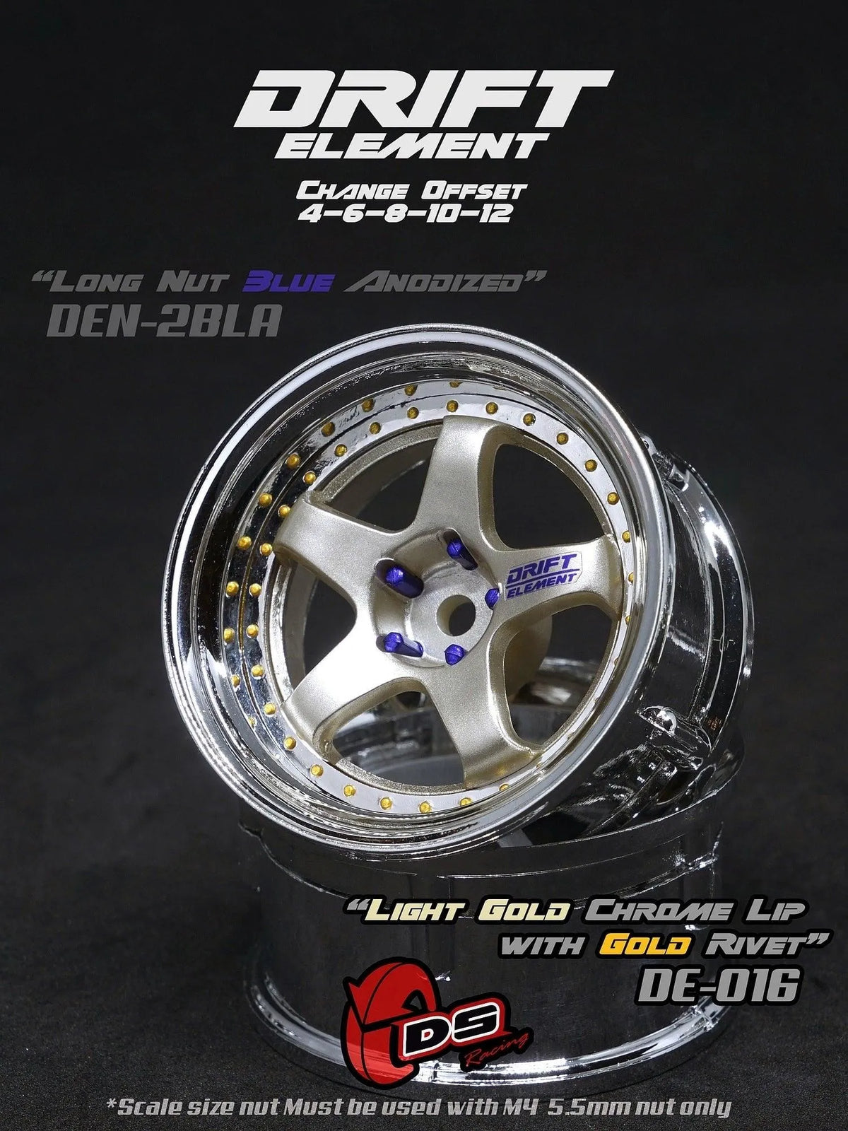 Jantes réglables Drift Elements DS Racing en chrome léger avec visserie dorée, conçues pour voitures de drift.