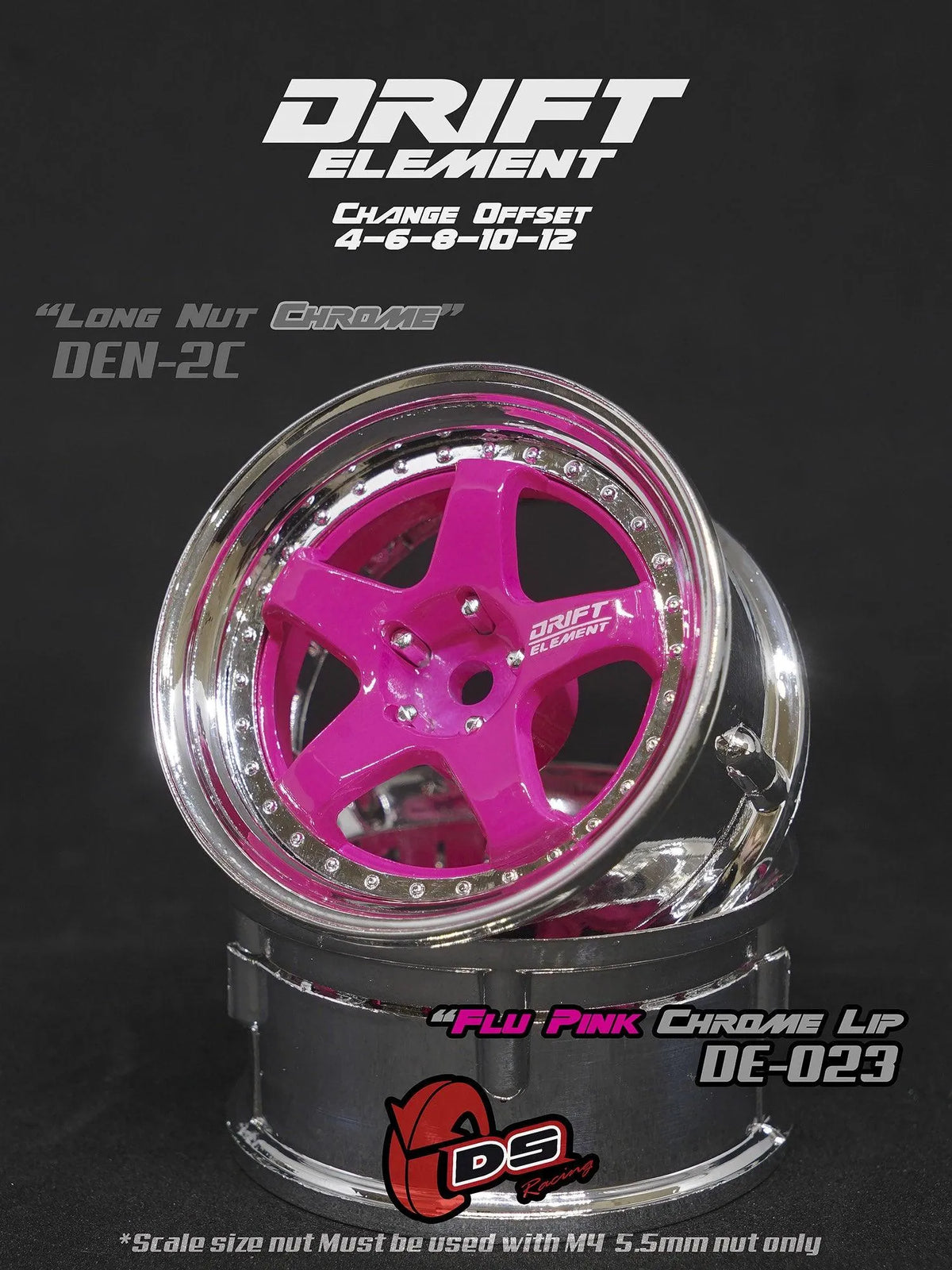 Jantes réglables Drift Elements rose et chrome de DS Racing, vue en gros plan sur la roue avec détails colorés et finition brillante.