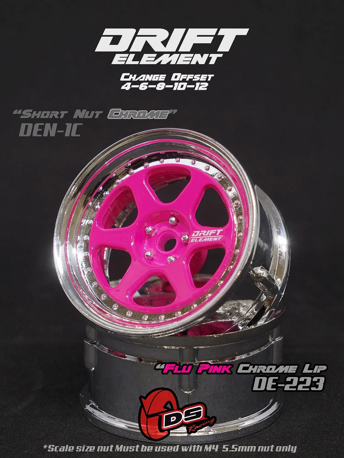 Jantes réglables Drift Elements rose et chrome de DS Racing pour voitures de drift, vue en gros plan sur la roue.