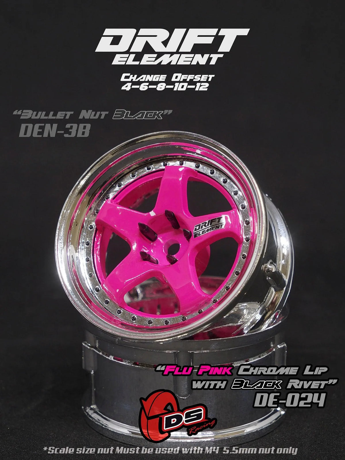 Jantes réglables Drift Elements de DS Racing en rose, chrome et noir, montées sur une voiture de drift.