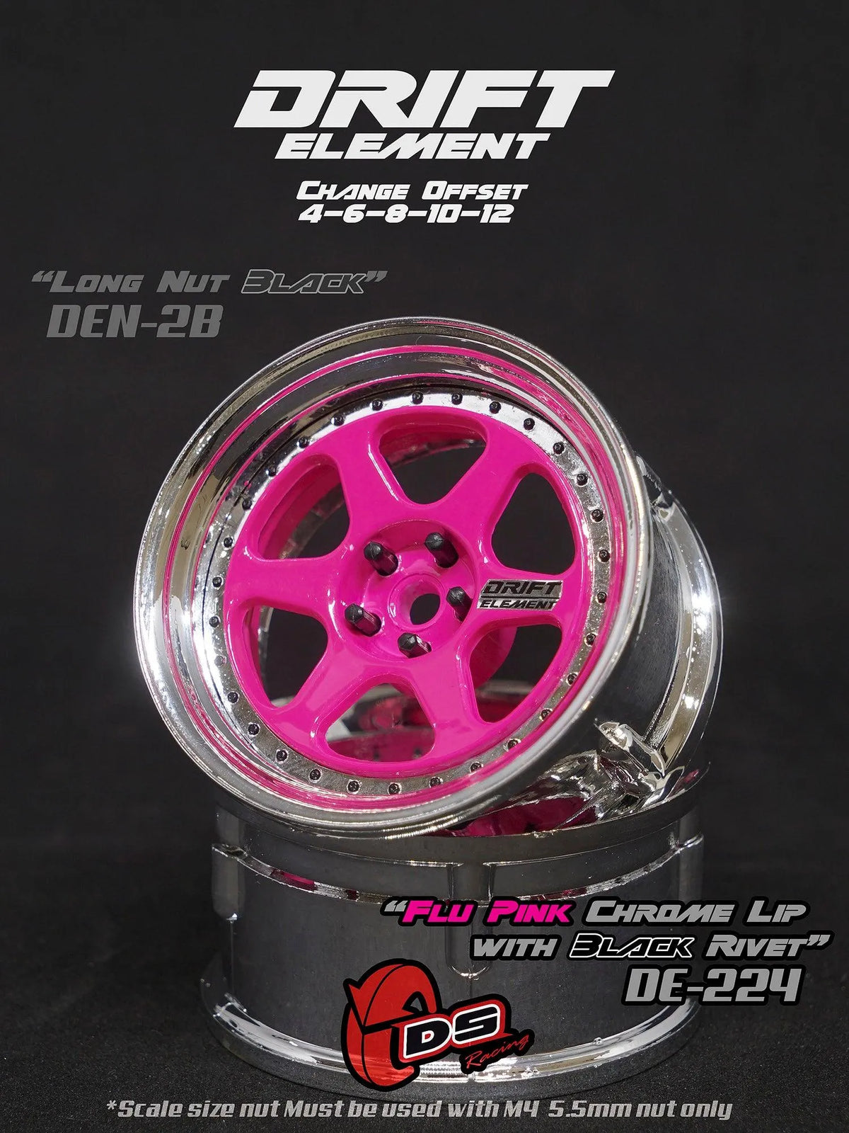 Jantes réglables Drift Elements DS Racing en rose, chrome et noir, avec design moderne pour voitures de drift.