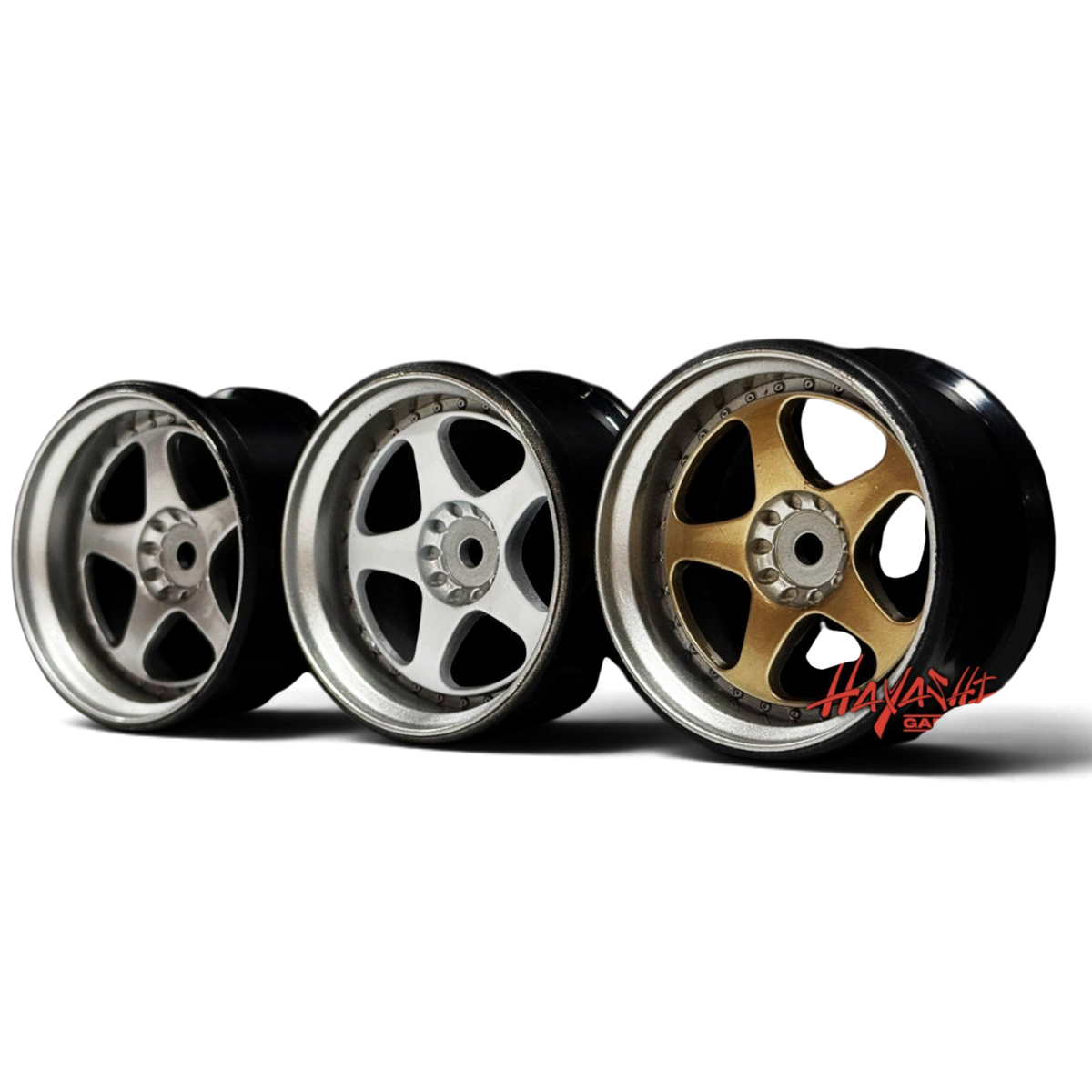 Jantes RIMS 5 étoiles en style multi-pièces, blanc brillant avec offset de 6 mm, marque Hayashi Garage, pour personnalisation de voiture.