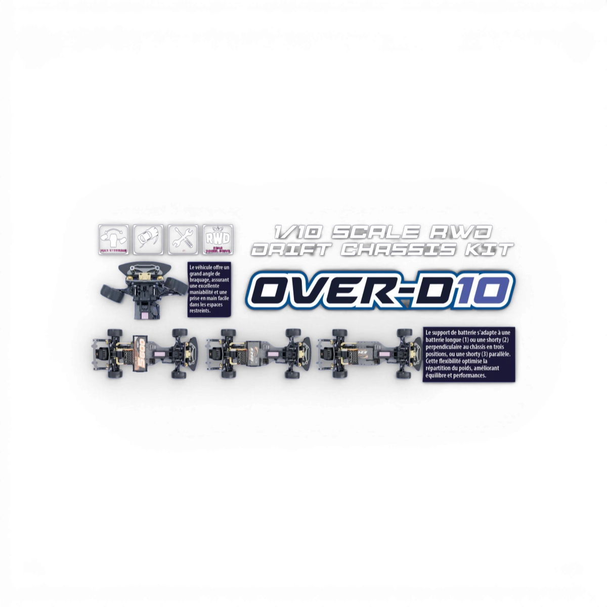 Kit de voiture de drift HOBBYTECH Over-D10 1/10e pour modelisme RC, vue du kit complet avec pneus et châssis.