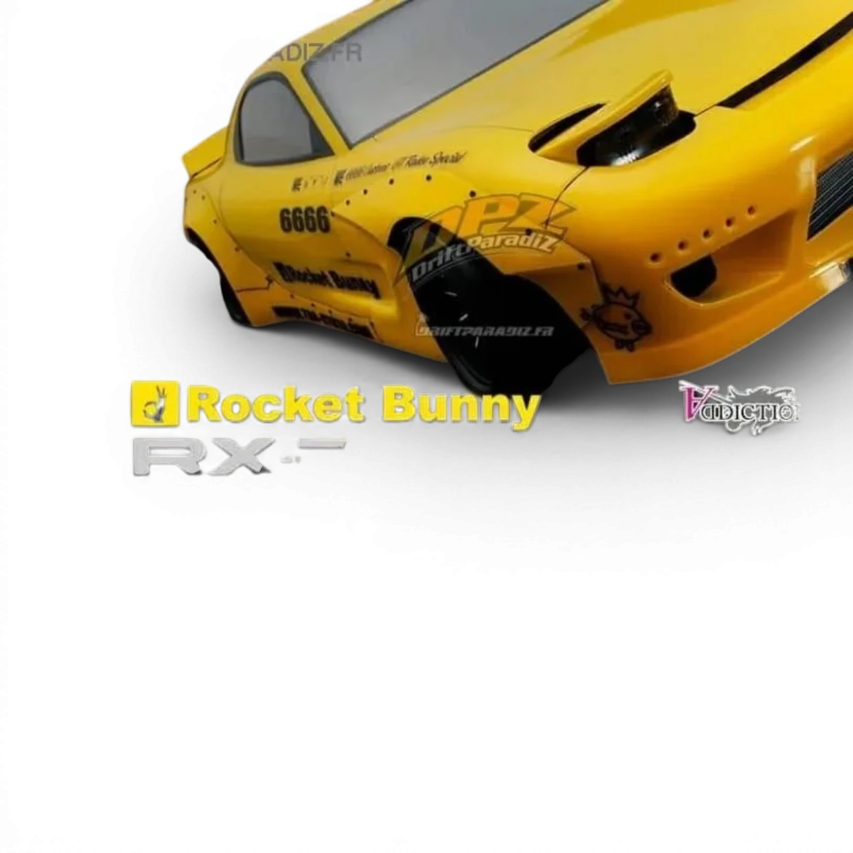 Kit carrosserie Rocket Bunny complet pour Mazda RX7 FD3S, par Addiction RC Design, avec ailes et pare-chocs sport pour voiture modifiée.
