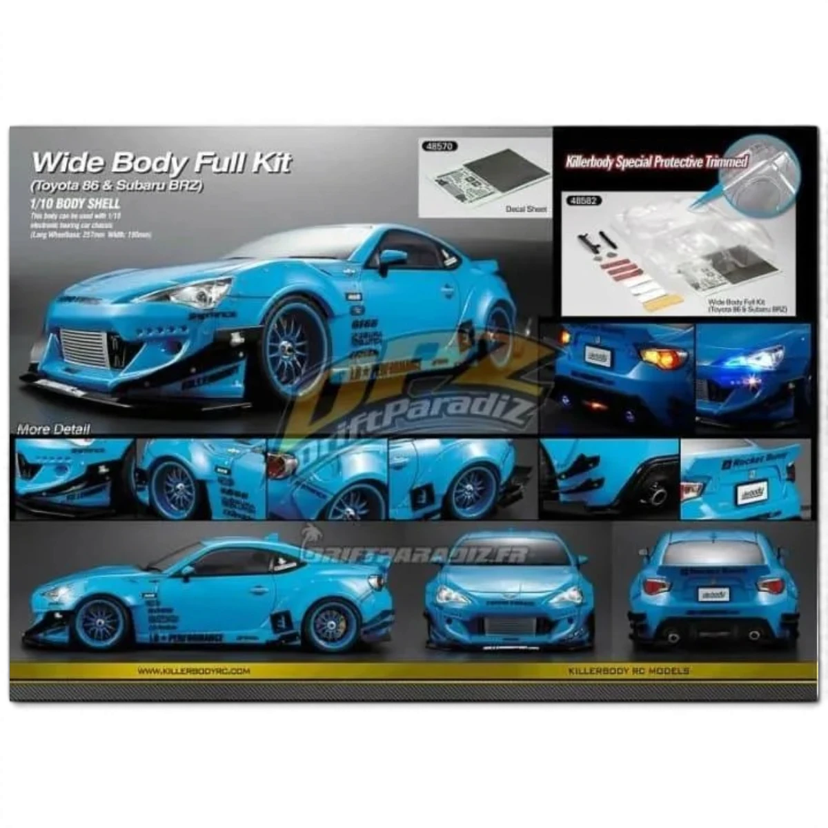 Kit de carrosserie Rocket Bunny GT86/BRZ Killer Body avec aileron et ailes larges, vue de face sur fond blanc.