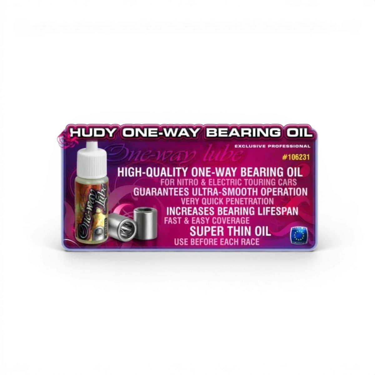 Lubrifiant pour roue-libre Oneway Hudy, produit chimique pour entretien de composants de vélo, illustration du flacon de lubrifiant.