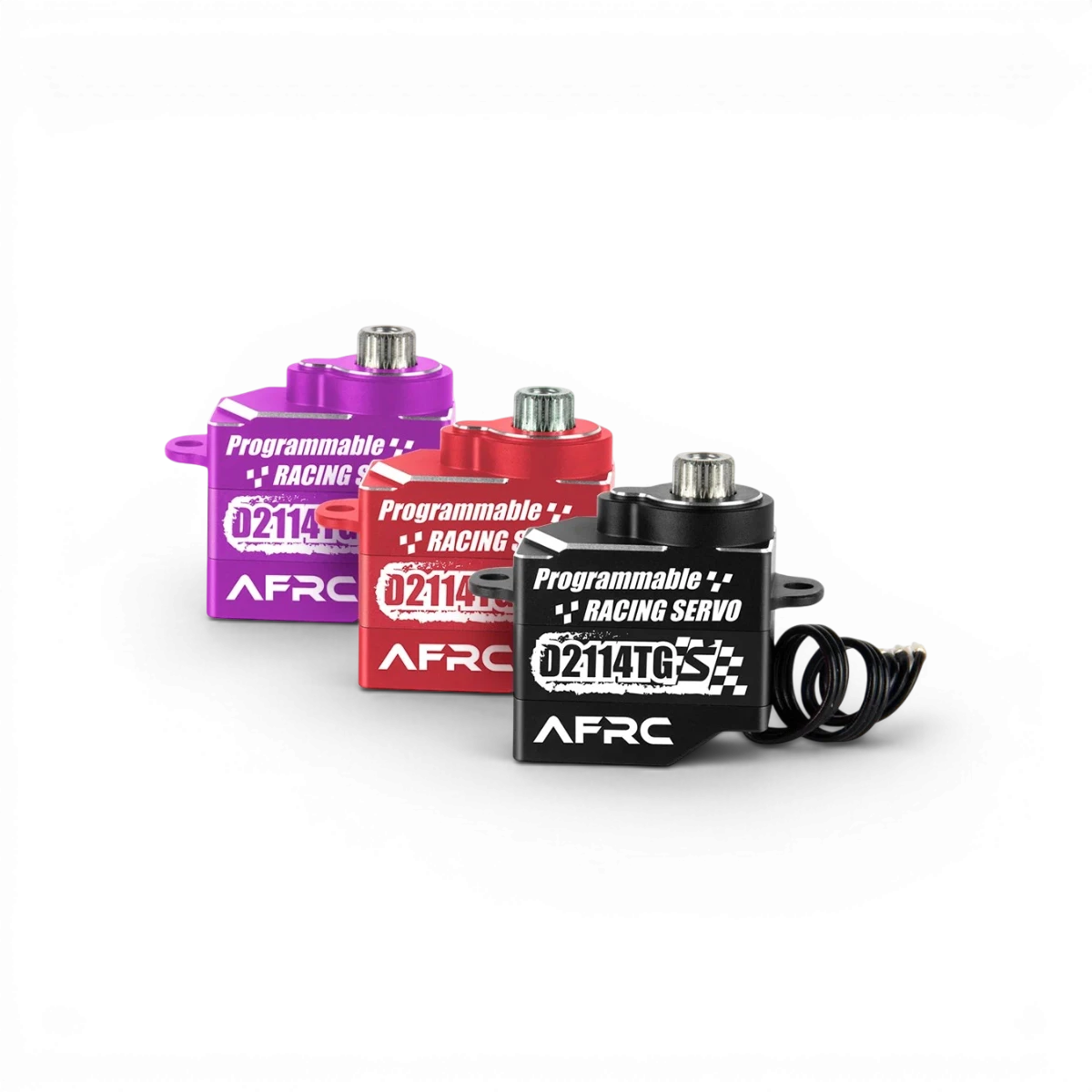 Mini servo AFRC D2114TG-S 25T électronique, couleur violette, pour modèles RC avec bras en métal et contrôle précis.