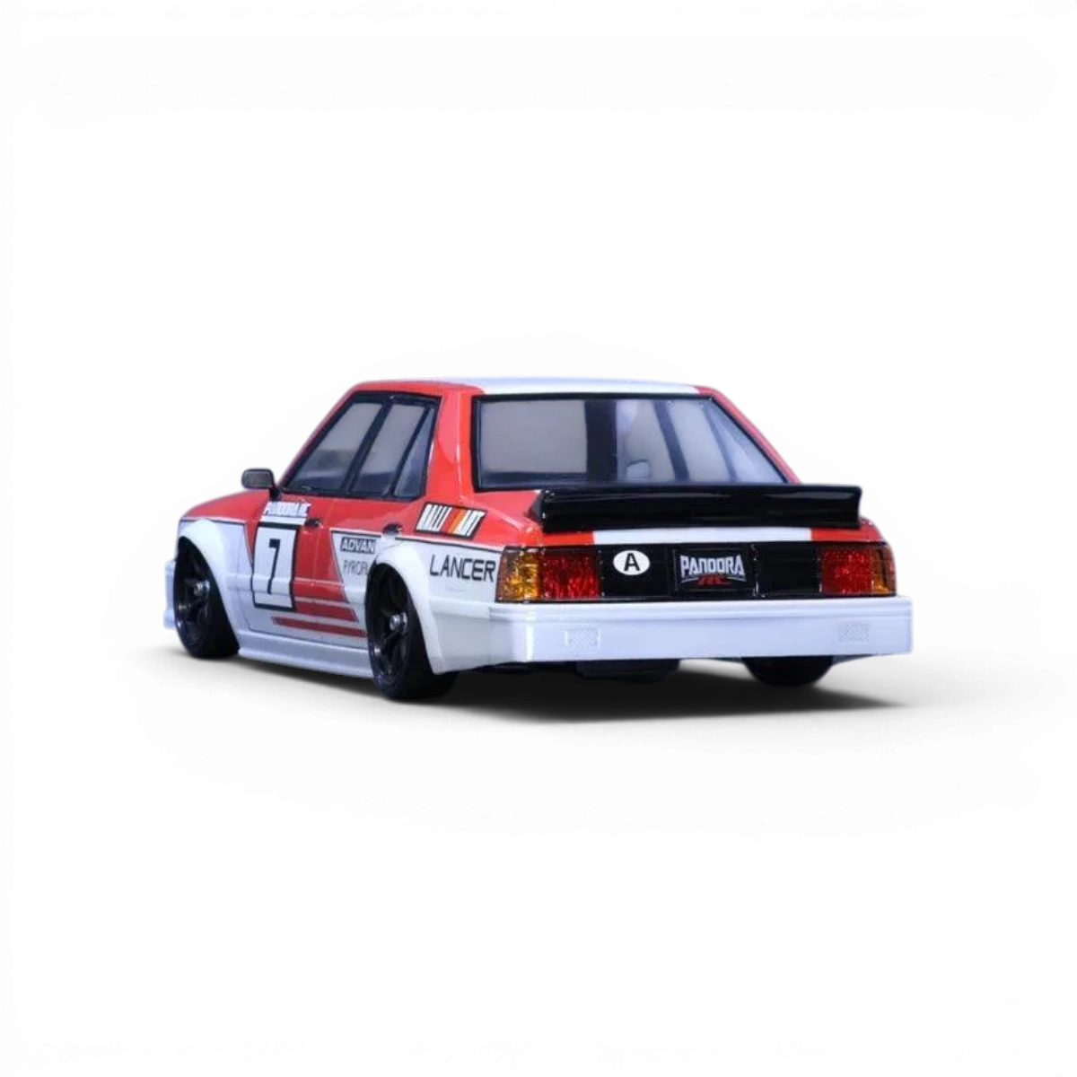 Carrosserie de voiture Mitsubishi LANCER EX, modèle Pandora RC, en plastique, vue de face avec détails colorés et logo visible.