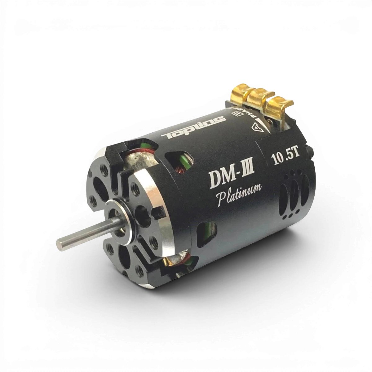 Moteur brushless DM-III Platinium 10.5T Topline avec électronique, haute vitesse, vue de face, détails du rotor et connecteurs.