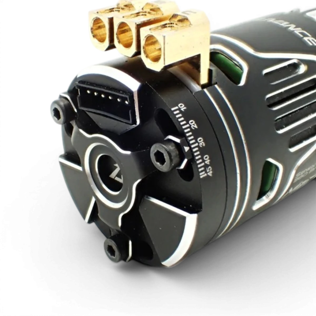 Moteur Brushless MerV-ERA 13.5T électronique de la marque Acuvance, vue de face avec câbles connectés.
