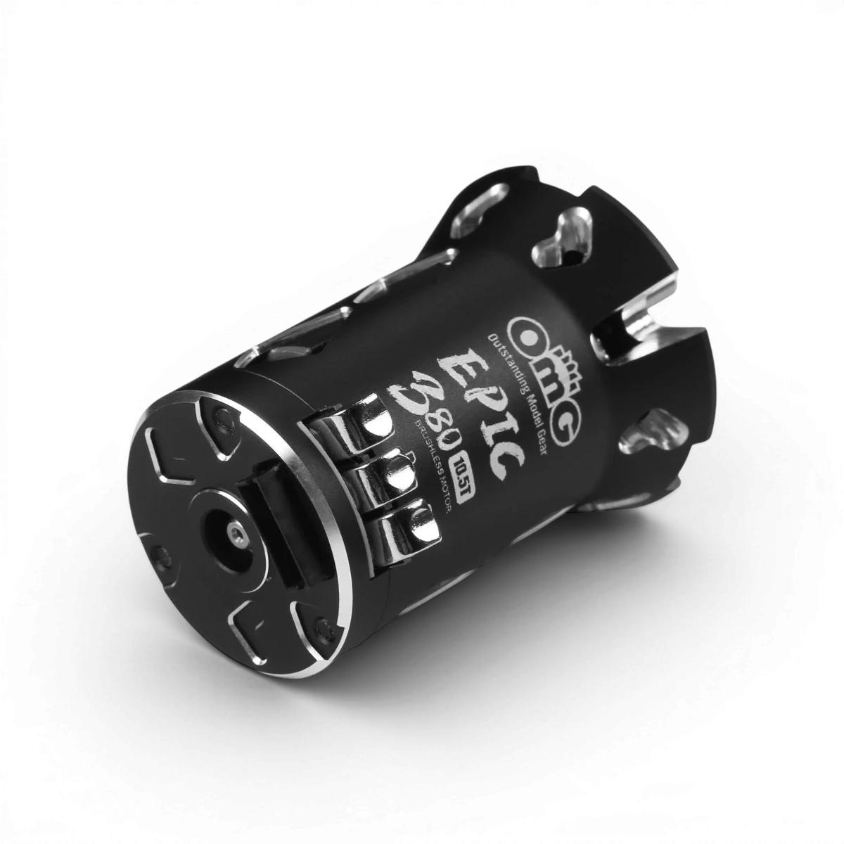 Moteur brushless sensored Epic 380 Drift 10.5T de la marque OMG, vue de face avec détails du rotor et connecteurs électriques