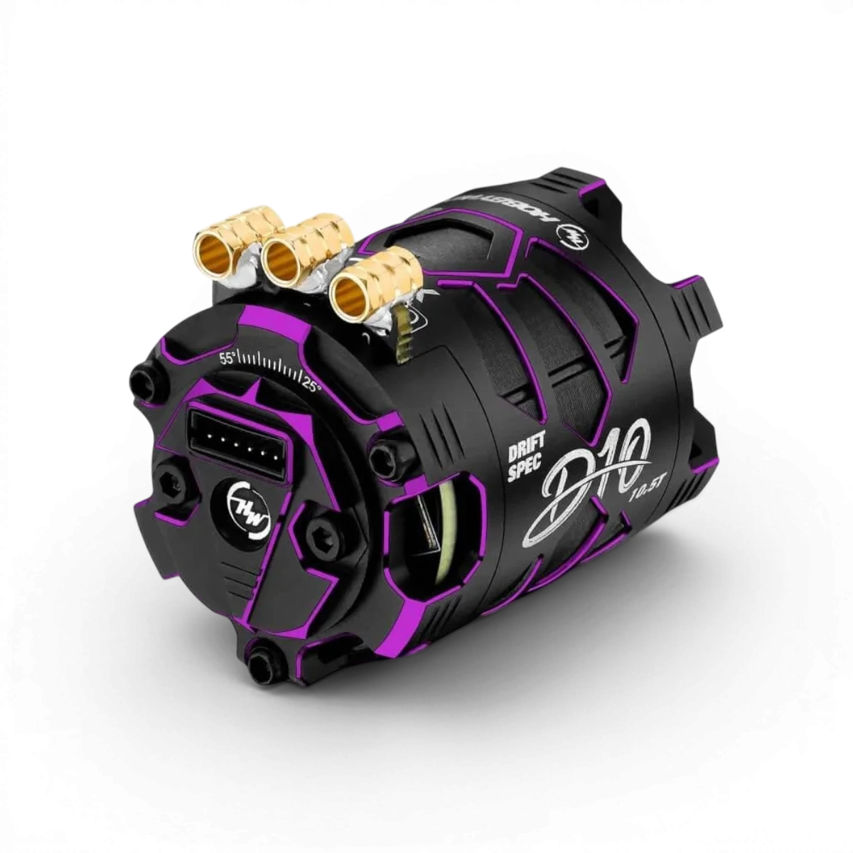 Moteur brushless Hobbywing Xerun D10 10.5T pour drift, noir et violet, vue de face avec câbles et fixation.