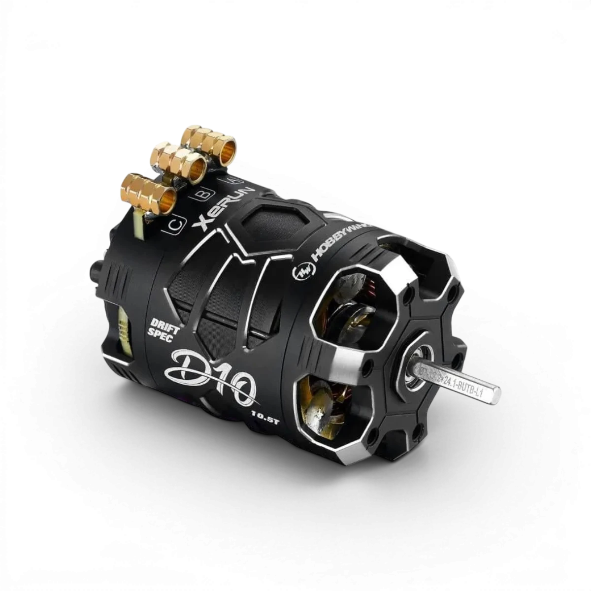 Moteur brushless Hobbywing Xerun D10 13.5T pour drift, noir et gris, vue en gros plan.