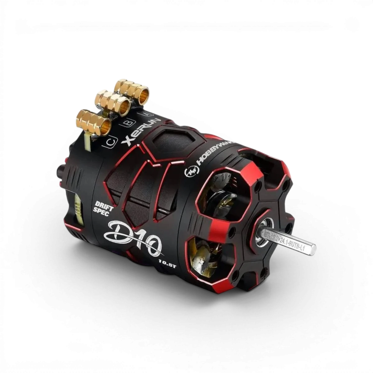 Moteur brushless Hobbywing Xerun D10 13.5T pour drift, noir et rouge, vue de face avec détails du boîtier électronique.