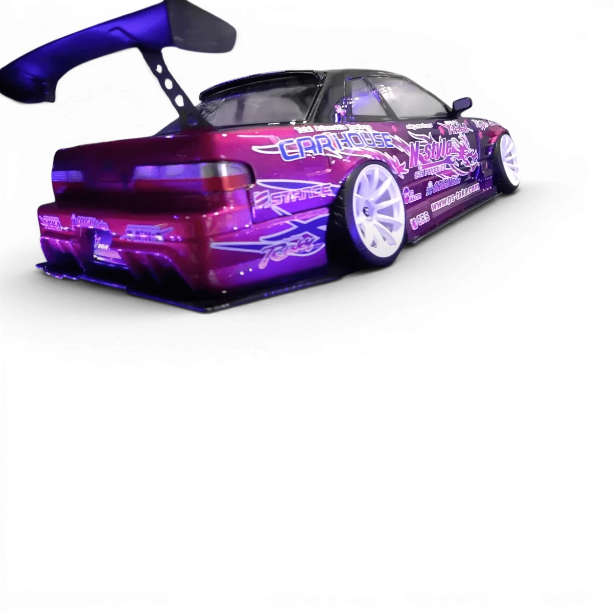 Carrosserie Nissan Silvia S13 Origin Lab avec décoration Fujio 2023, conçue par Addiction RC Design, pour voitures radiocommandées.