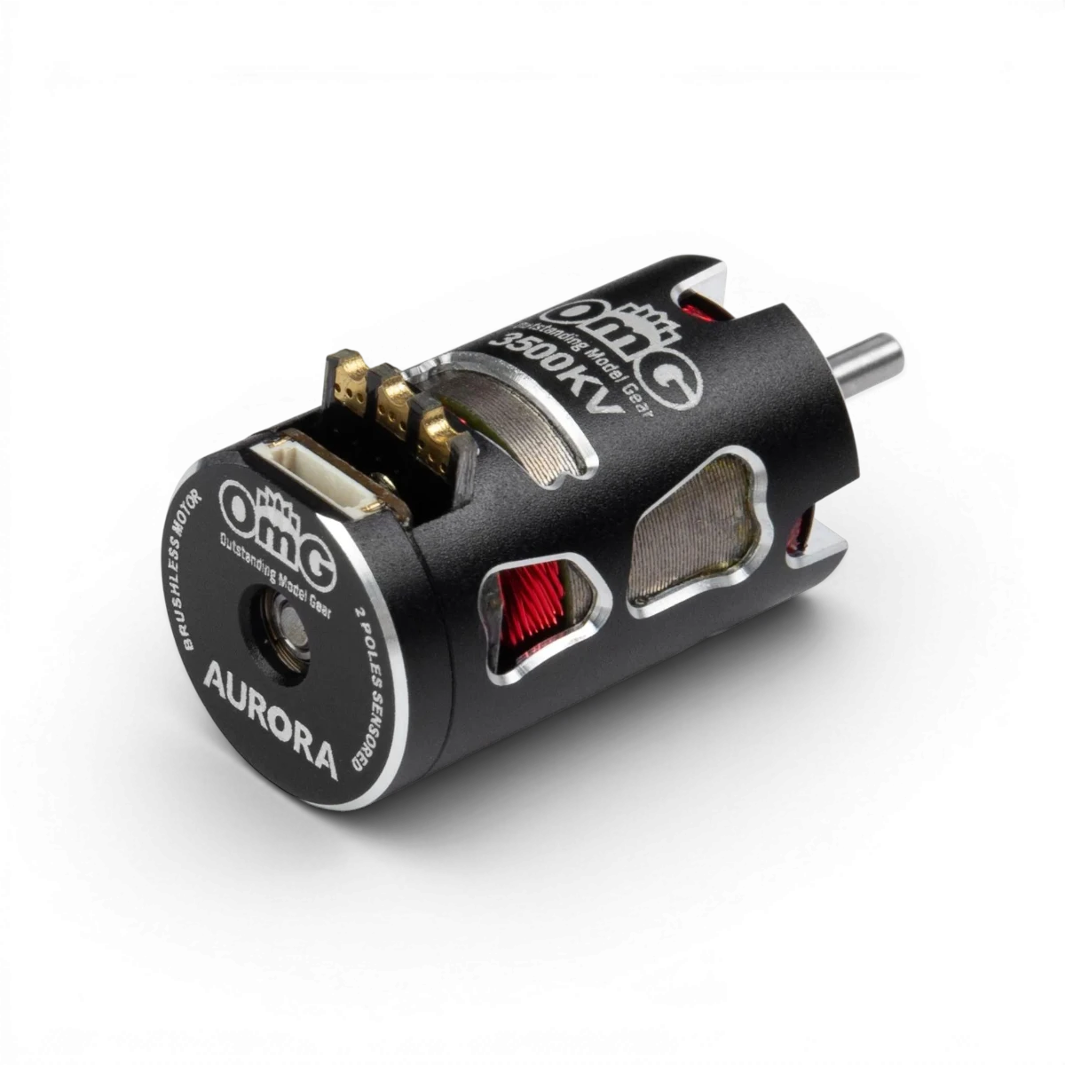 Moteur électrique OMG MT Aurora 3500KV S2, noir, pour véhicule RC, avec détails techniques visibles sur l'image.