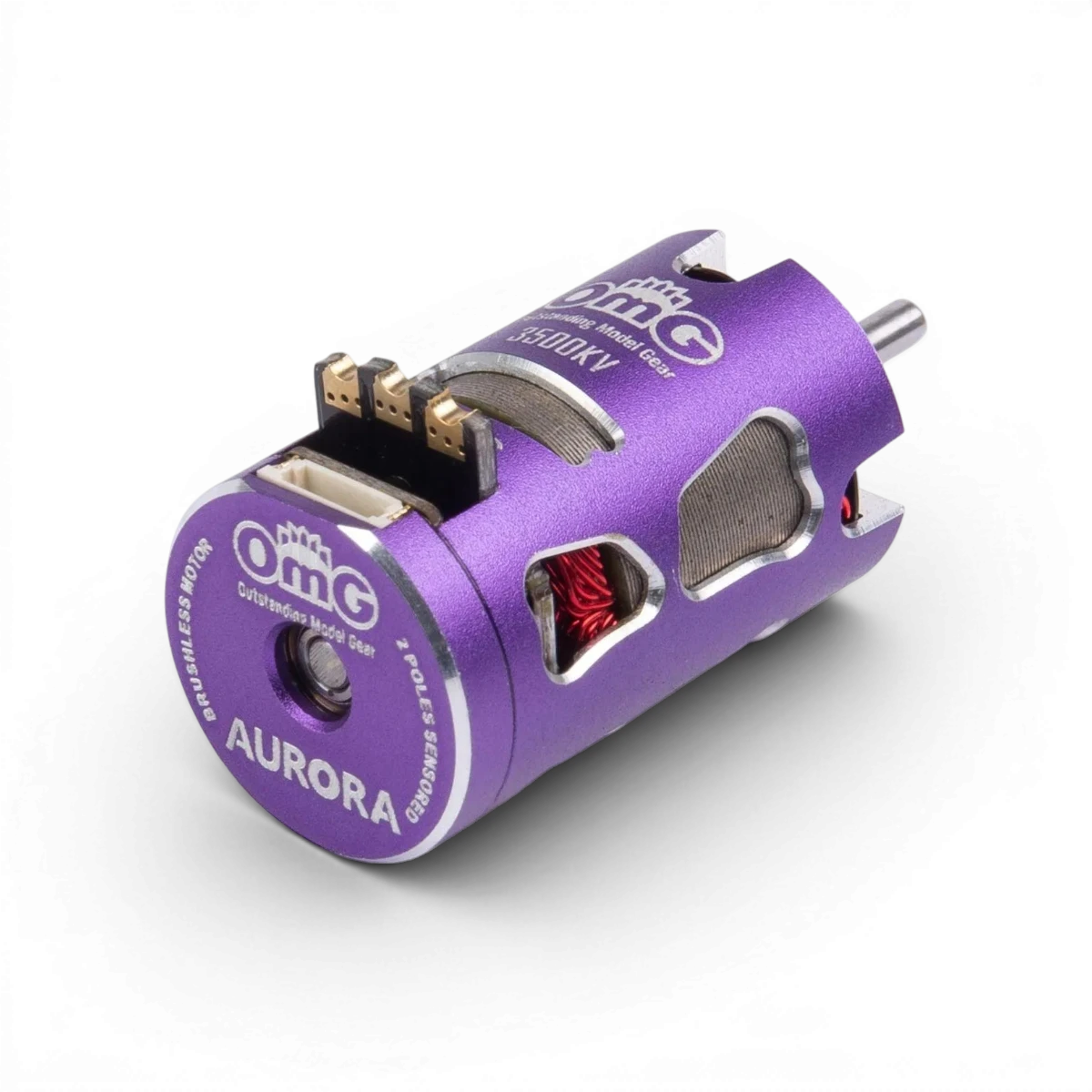 Moteur électronique OMG Aurora 5500KV S2, noir, pour véhicule RC, avec détails techniques visibles.