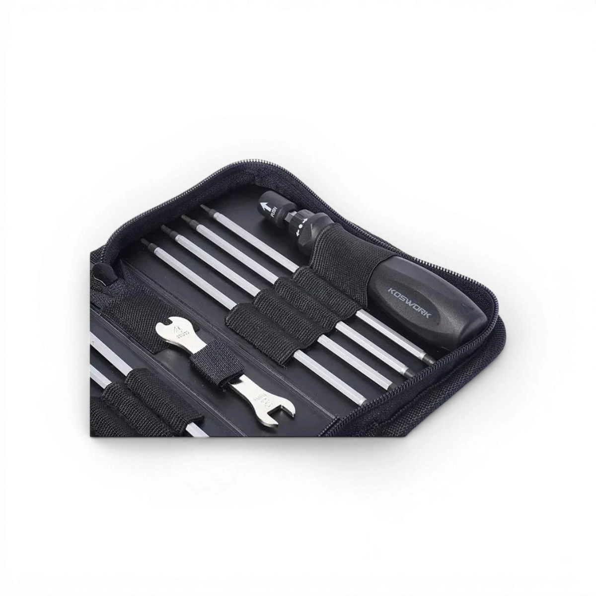 Outils et sacoche V2 Koswork, accessoires robustes pour transporter outils, avec compartiments pratiques et design durable.